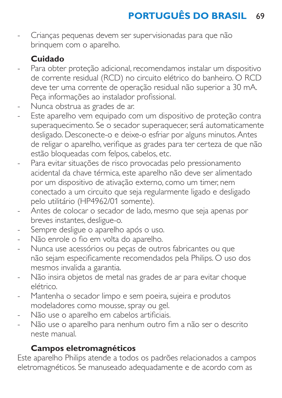 Cuidado, Campos eletromagnéticos | Philips SalonDry Compact Haartrockner User Manual | Page 69 / 88