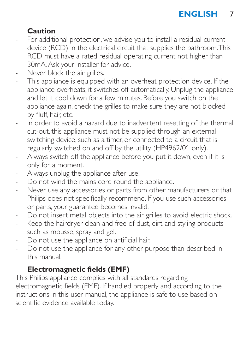 Caution, Electromagnetic fields (emf) | Philips SalonDry Compact Haartrockner User Manual | Page 7 / 88