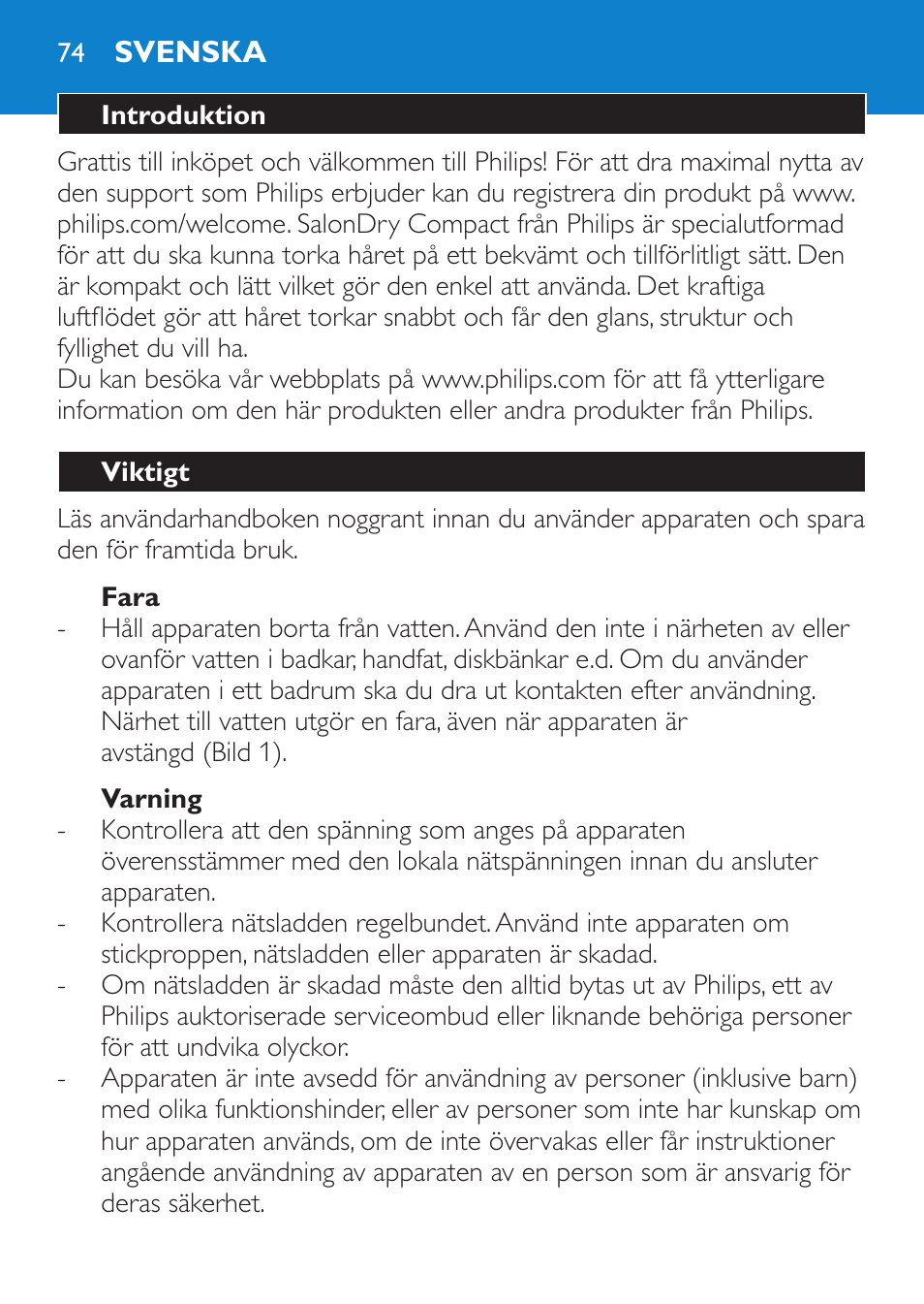 Fara, Varning, Svenska | Introduktion, Viktigt | Philips SalonDry Compact Haartrockner User Manual | Page 74 / 88