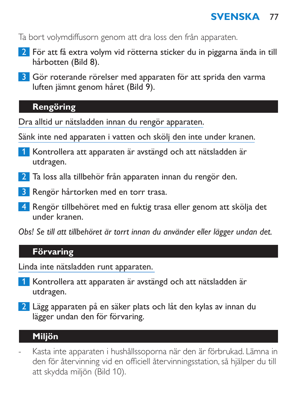 Rengöring, Förvaring, Miljön | Philips SalonDry Compact Haartrockner User Manual | Page 77 / 88