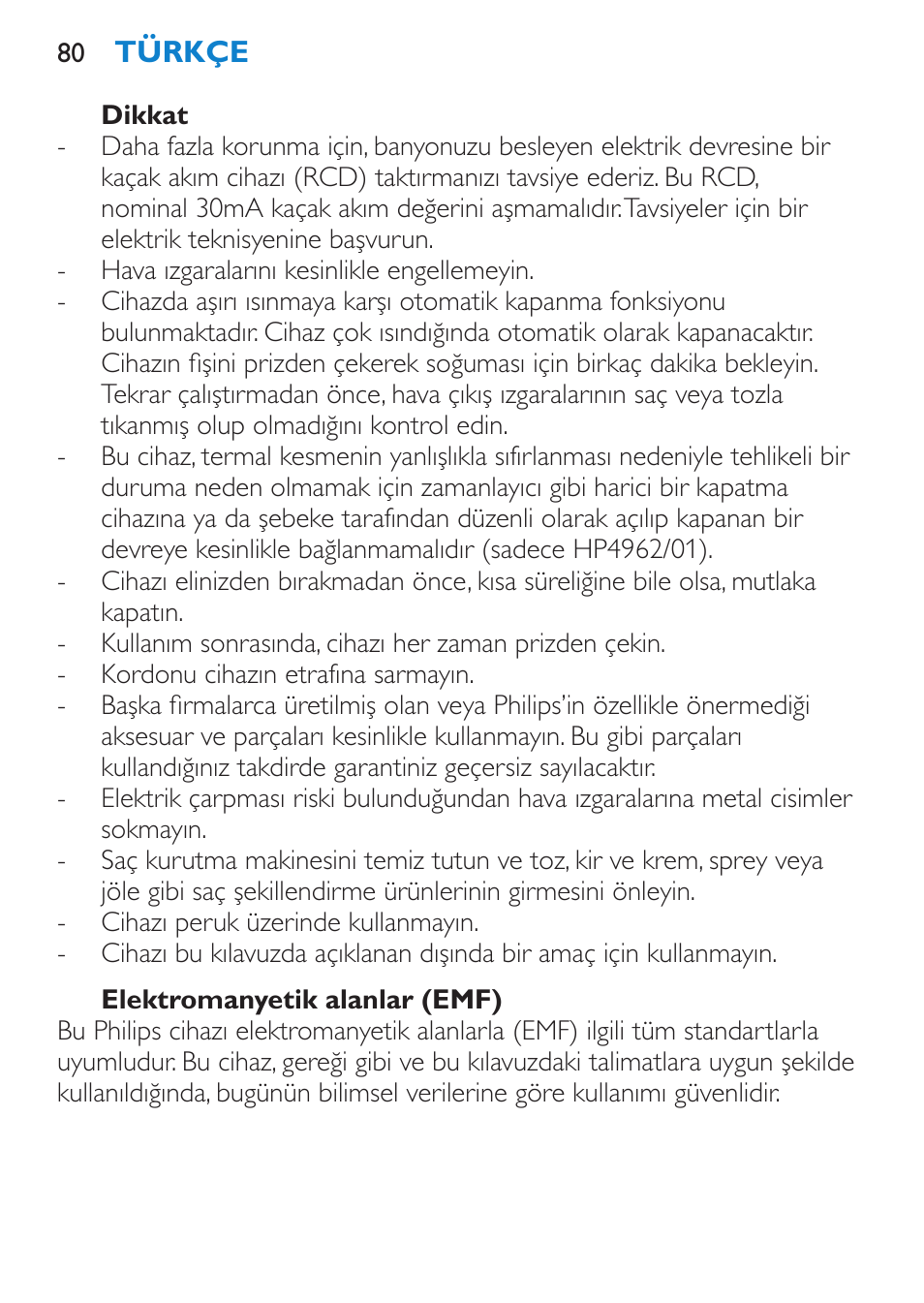 Dikkat, Elektromanyetik alanlar (emf), Genel açıklamalar (şek. 2) | Philips SalonDry Compact Haartrockner User Manual | Page 80 / 88