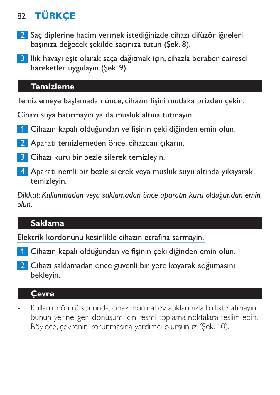 Temizleme, Saklama, Çevre | Garanti ve servis | Philips SalonDry Compact Haartrockner User Manual | Page 82 / 88