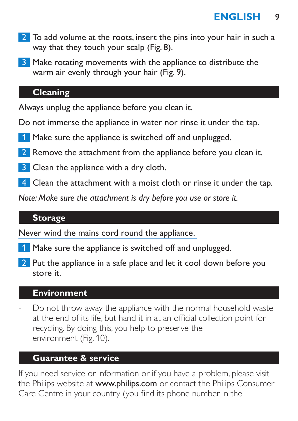 Cleaning, Storage, Environment | Guarantee & service | Philips SalonDry Compact Haartrockner User Manual | Page 9 / 88