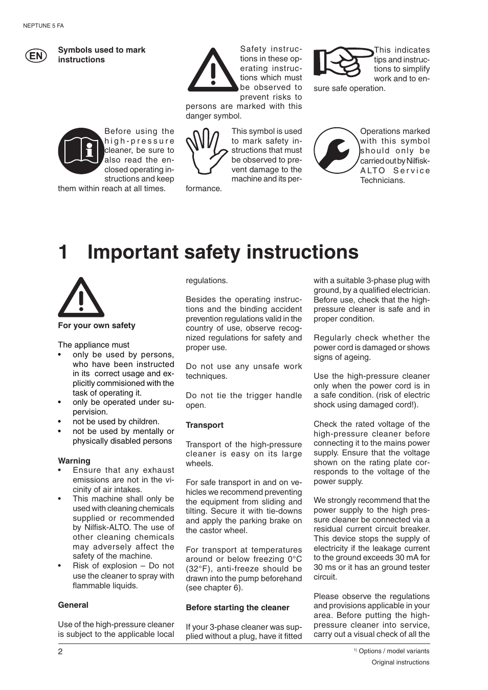 1 important safety instructions | Nilfisk-ALTO NEPTUNE 5 FA 107400337 C User Manual | Page 4 / 24