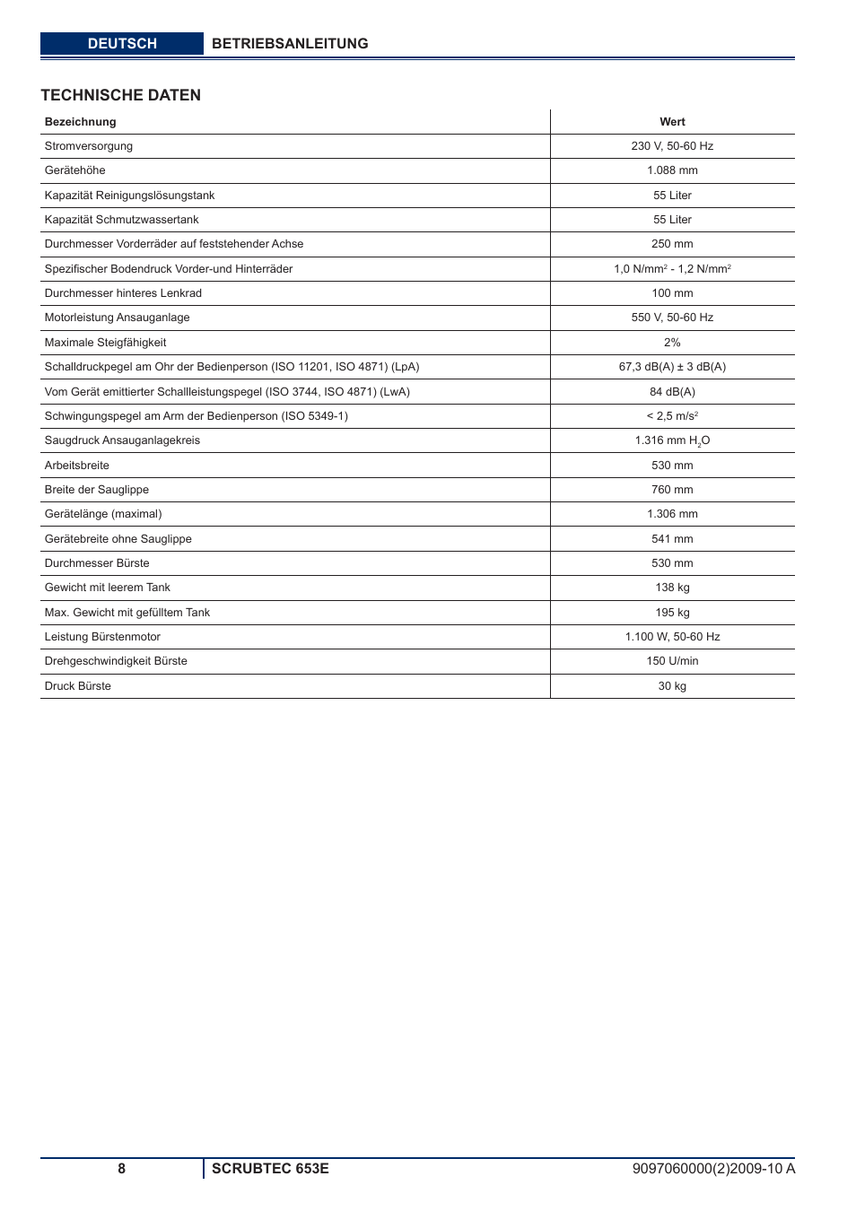 Technische daten | Nilfisk-ALTO SCRUBTEC 653E User Manual | Page 10 / 76