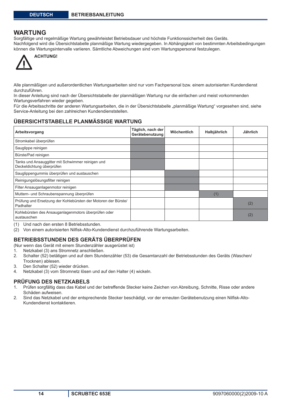 Wartung | Nilfisk-ALTO SCRUBTEC 653E User Manual | Page 16 / 76