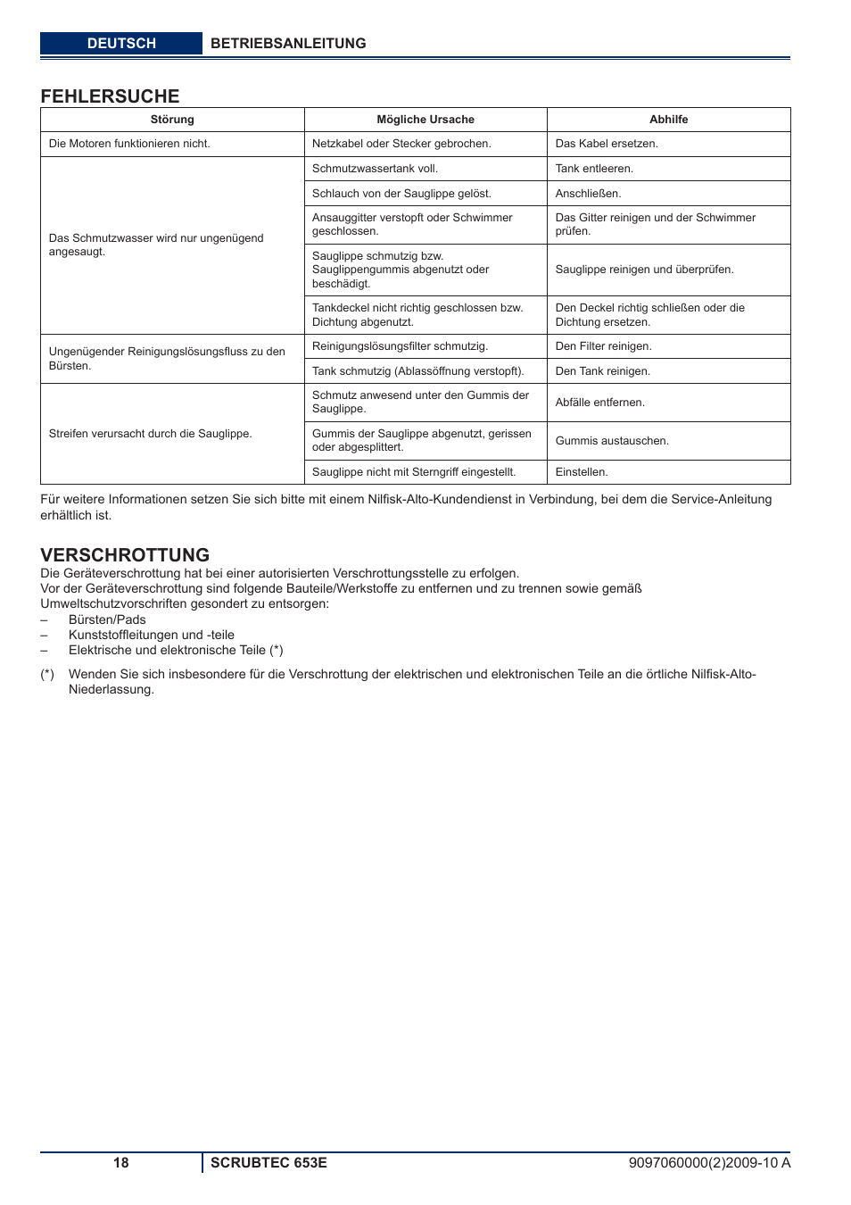 Fehlersuche, Verschrottung | Nilfisk-ALTO SCRUBTEC 653E User Manual | Page 20 / 76