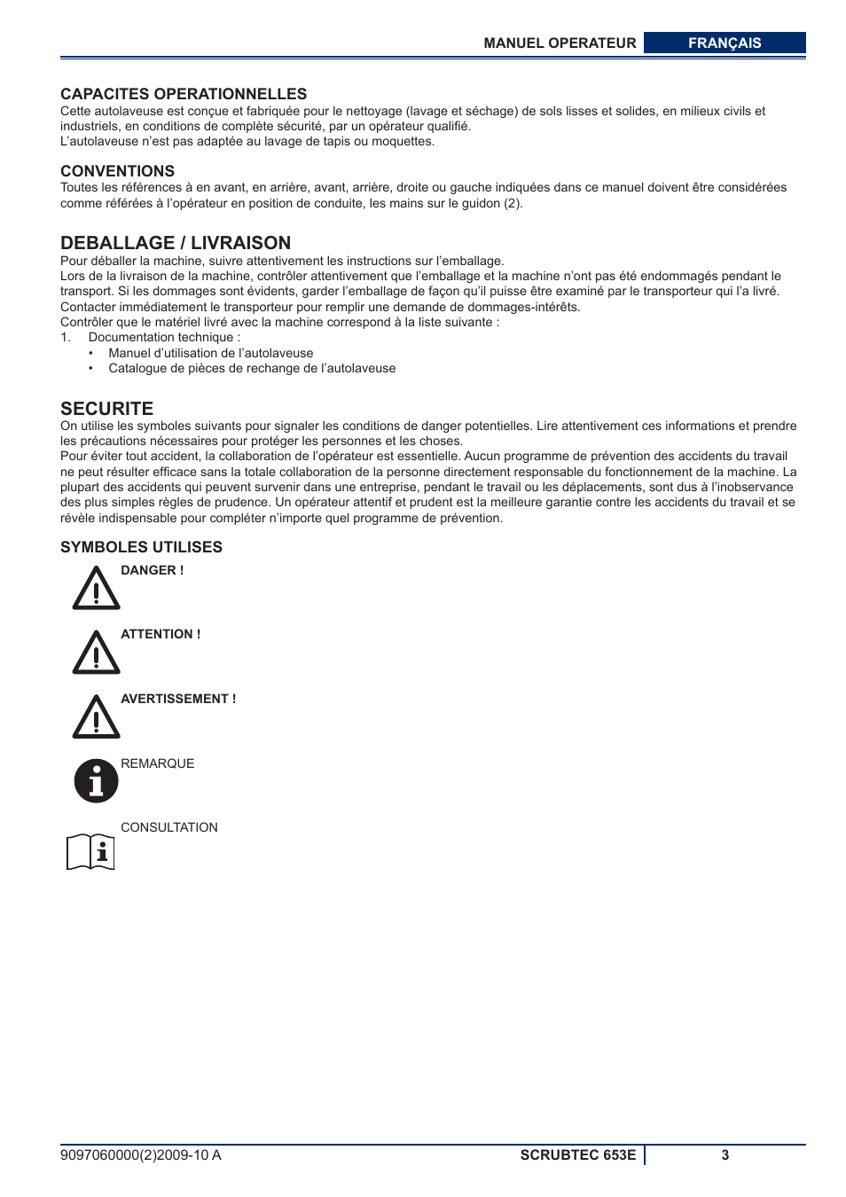 Deballage / livraison, Securite | Nilfisk-ALTO SCRUBTEC 653E User Manual | Page 23 / 76