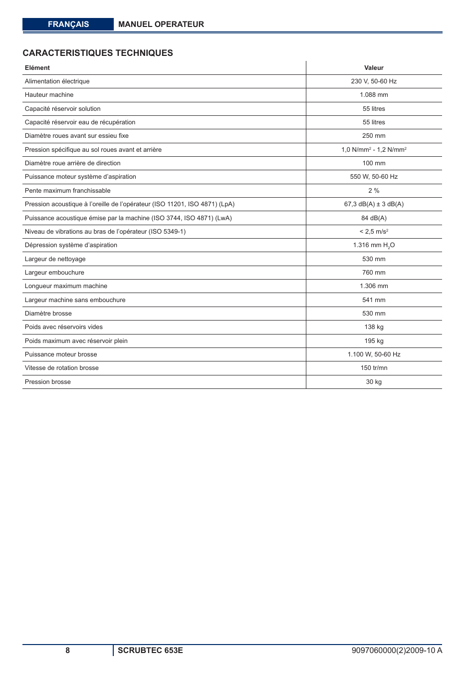 Caracteristiques techniques | Nilfisk-ALTO SCRUBTEC 653E User Manual | Page 28 / 76