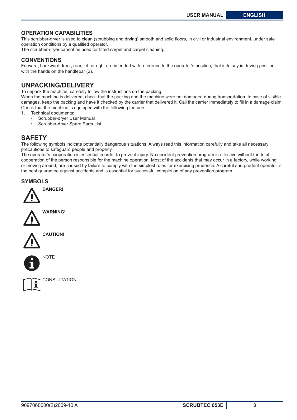 Unpacking/delivery, Safety | Nilfisk-ALTO SCRUBTEC 653E User Manual | Page 41 / 76