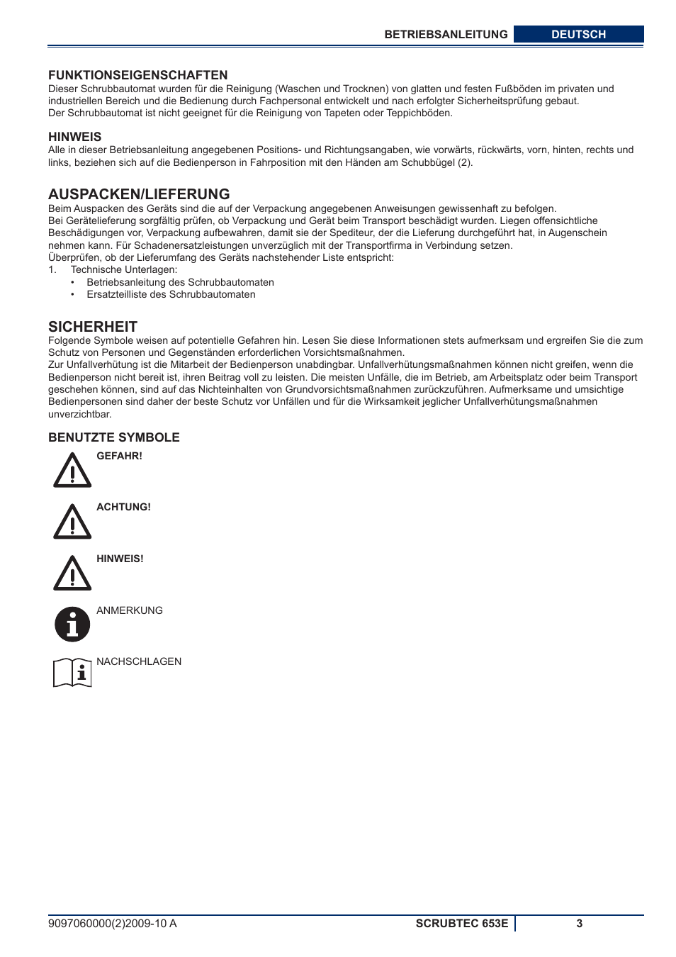 Auspacken/lieferung, Sicherheit | Nilfisk-ALTO SCRUBTEC 653E User Manual | Page 5 / 76