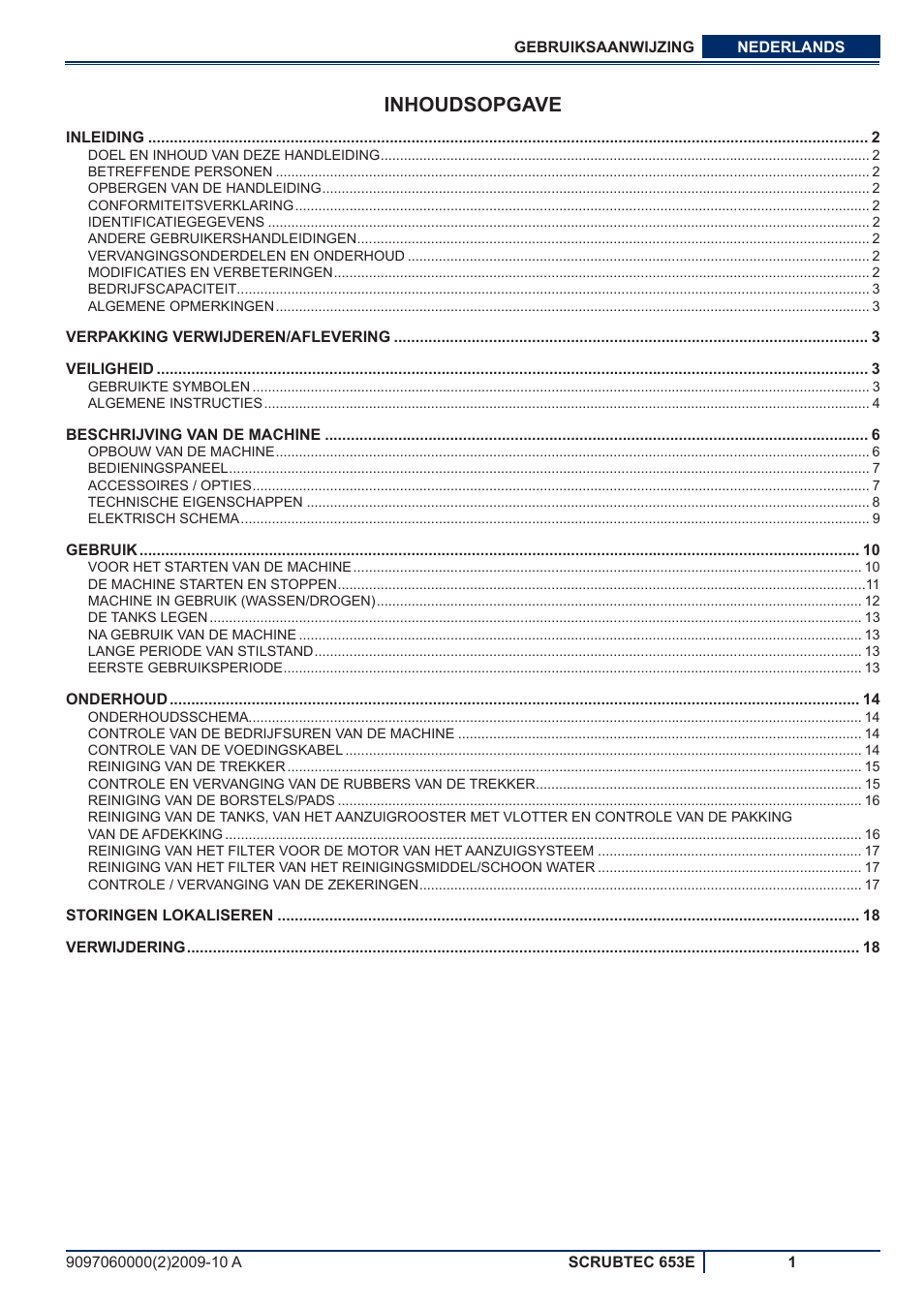 Inhoudsopgave | Nilfisk-ALTO SCRUBTEC 653E User Manual | Page 57 / 76