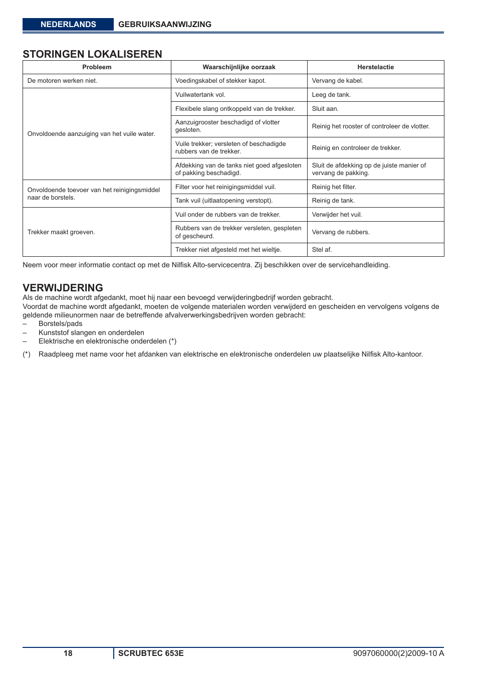 Storingen lokaliseren, Verwijdering | Nilfisk-ALTO SCRUBTEC 653E User Manual | Page 74 / 76