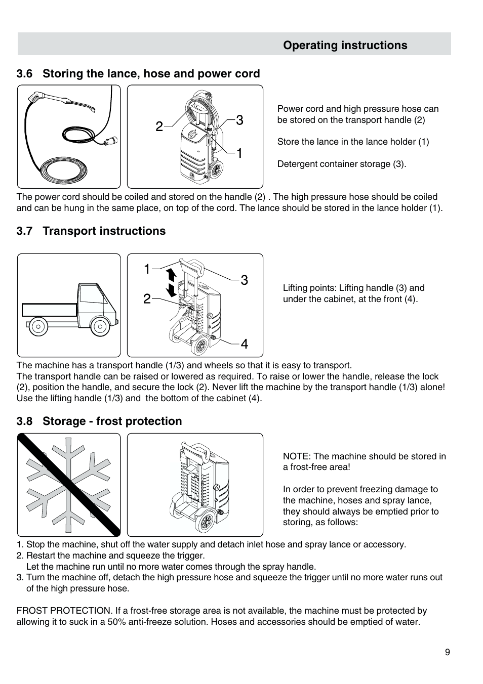 Storing the lance, hose and power cord, Transport instructions, Storage - frost protection | Nilfisk-ALTO Kew 30CA COMPACT I User Manual | Page 10 / 14