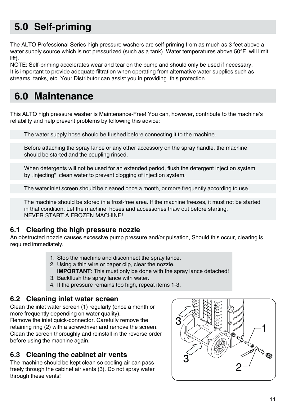 Self-priming, Maintenance, 0 self-priming | 0 maintenance | Nilfisk-ALTO Kew 30CA COMPACT I User Manual | Page 12 / 14