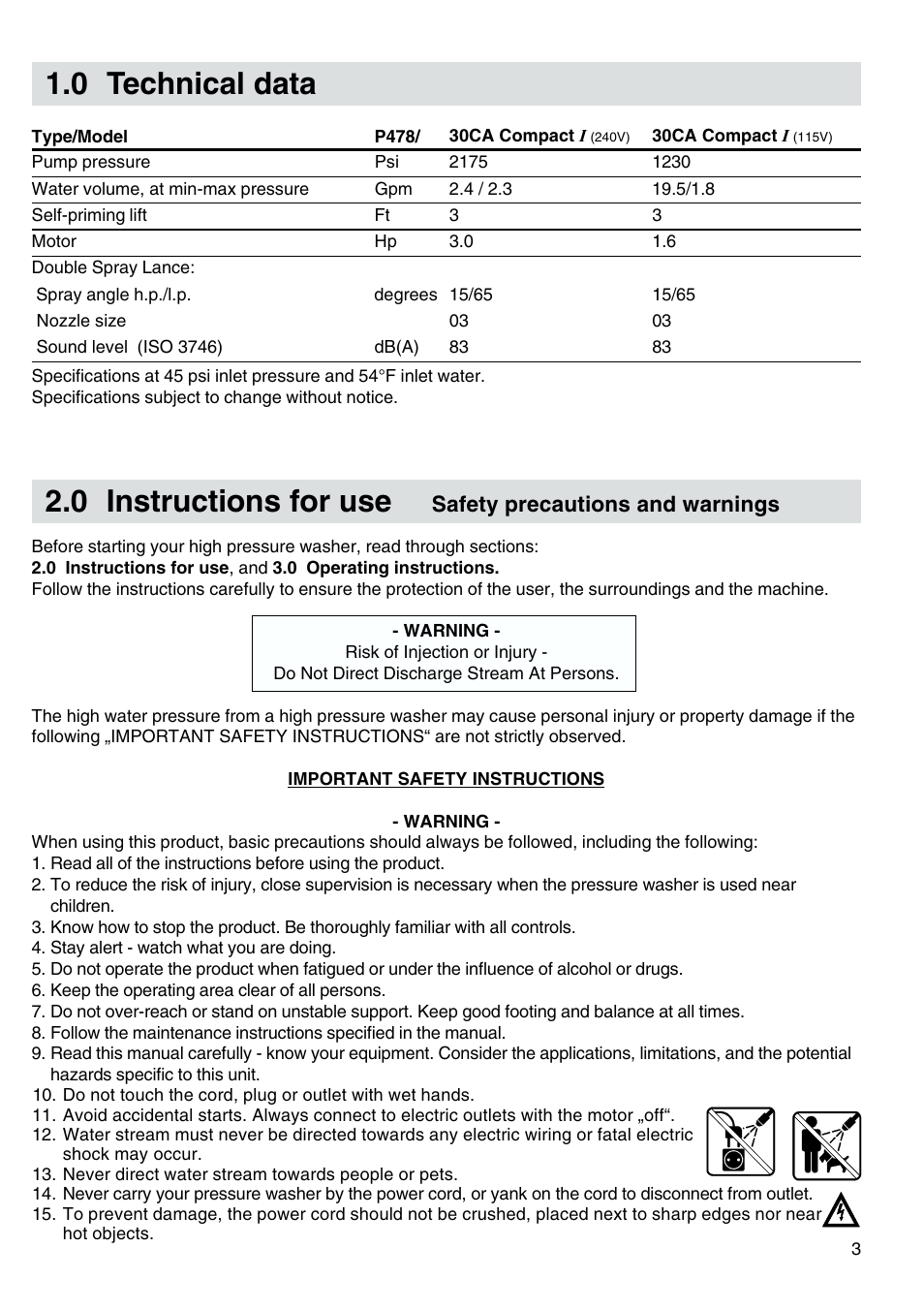 Technical data, Instructions for use, 0 technical data 2.0 instructions for use | Safety precautions and warnings | Nilfisk-ALTO Kew 30CA COMPACT I User Manual | Page 4 / 14