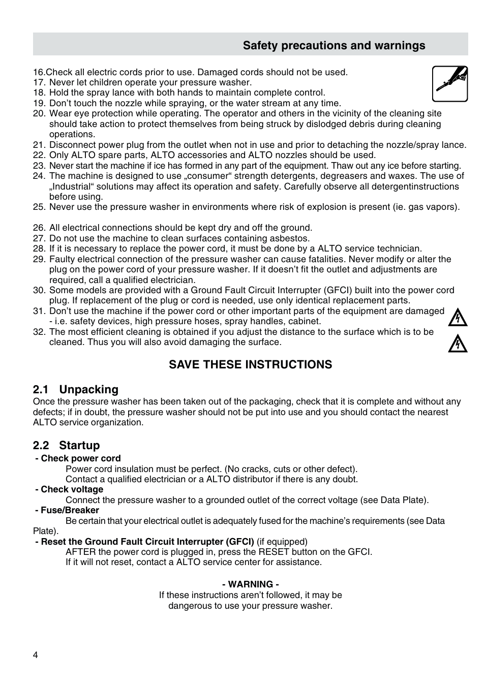 Safety precautions and warnings, Save these instructions 2.1 unpacking, 2 startup | Nilfisk-ALTO Kew 30CA COMPACT I User Manual | Page 5 / 14