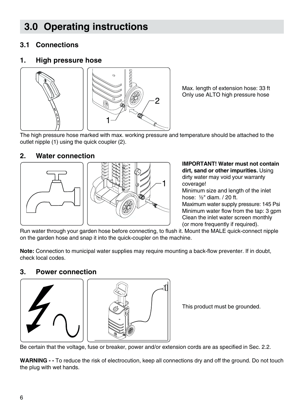 Operating instructions, High pressure hose, Water connection | Power connection, 0 operating instructions | Nilfisk-ALTO Kew 30CA COMPACT I User Manual | Page 7 / 14