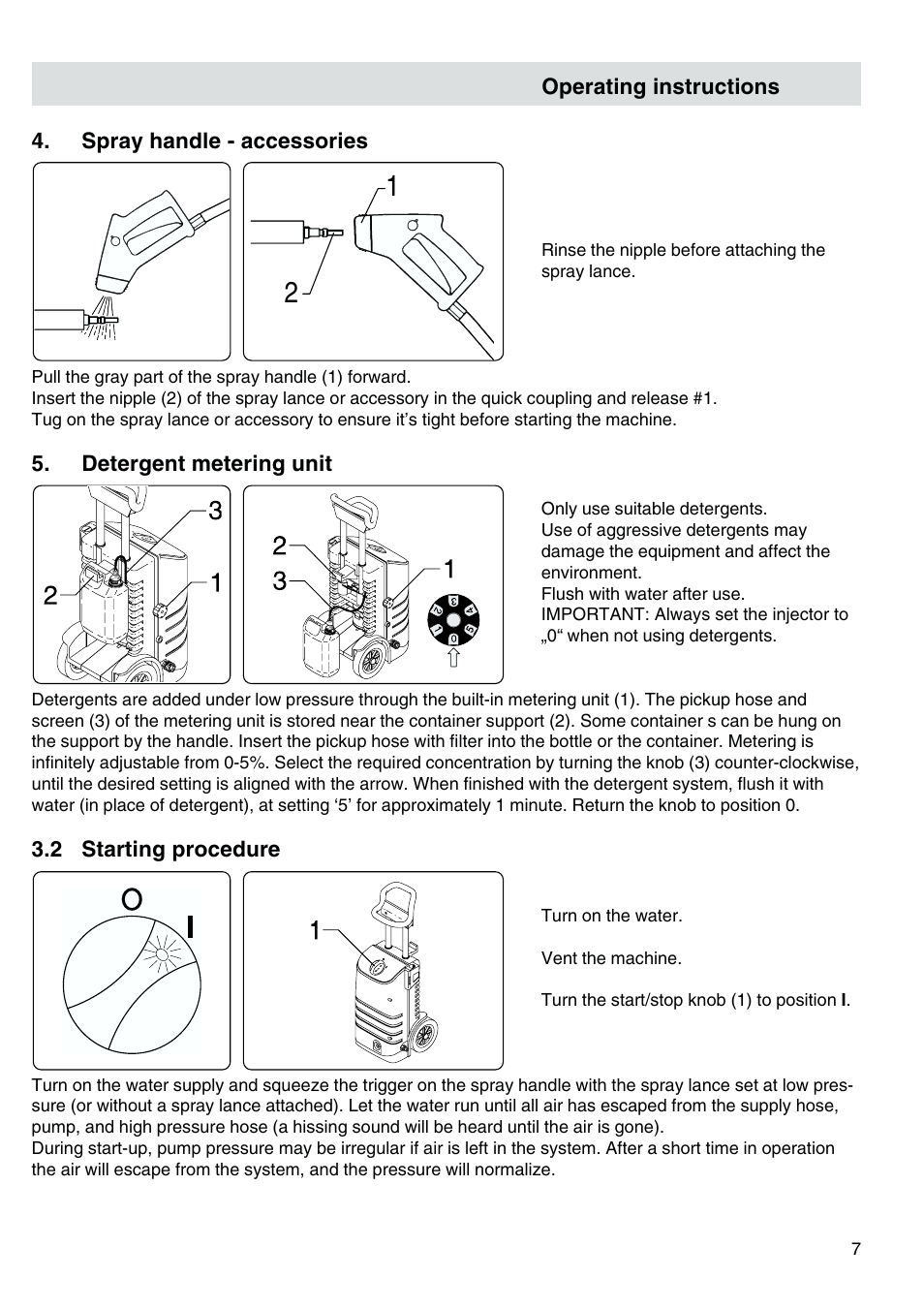 Spray handle - accessories, Detergent metering unit, Starting procedure | Nilfisk-ALTO Kew 30CA COMPACT I User Manual | Page 8 / 14