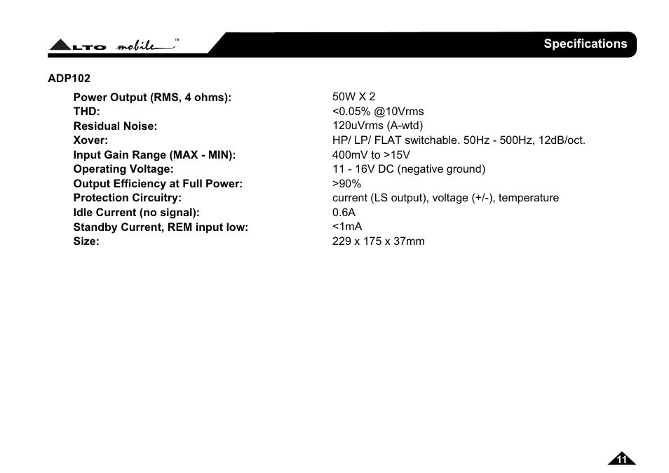 Specifications | Nilfisk-ALTO ADP102 User Manual | Page 12 / 14