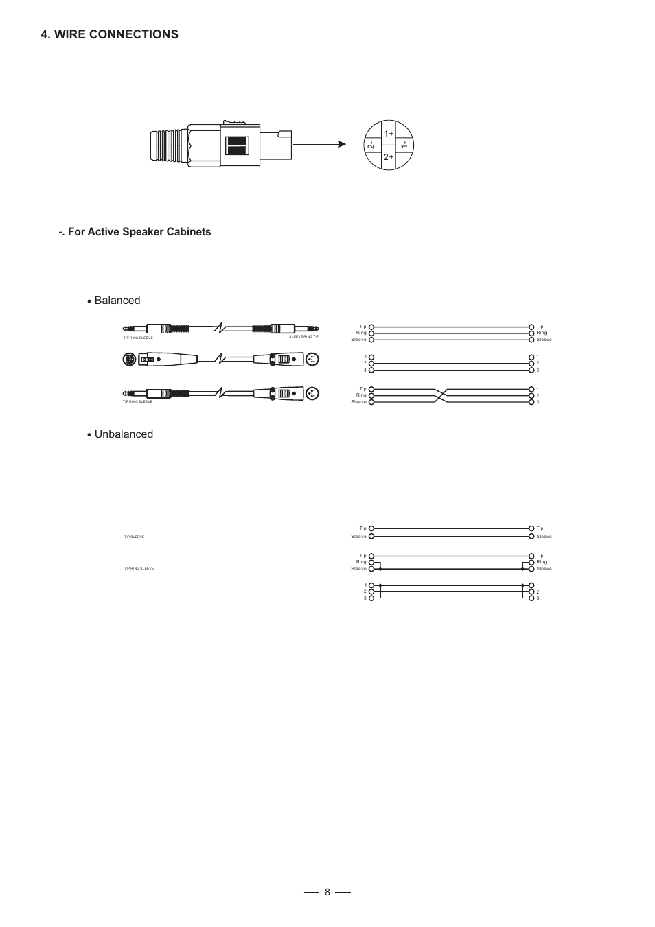 Wire connections, For active speaker cabinets unbalanced balanced | Nilfisk-ALTO PS Series User Manual | Page 9 / 11