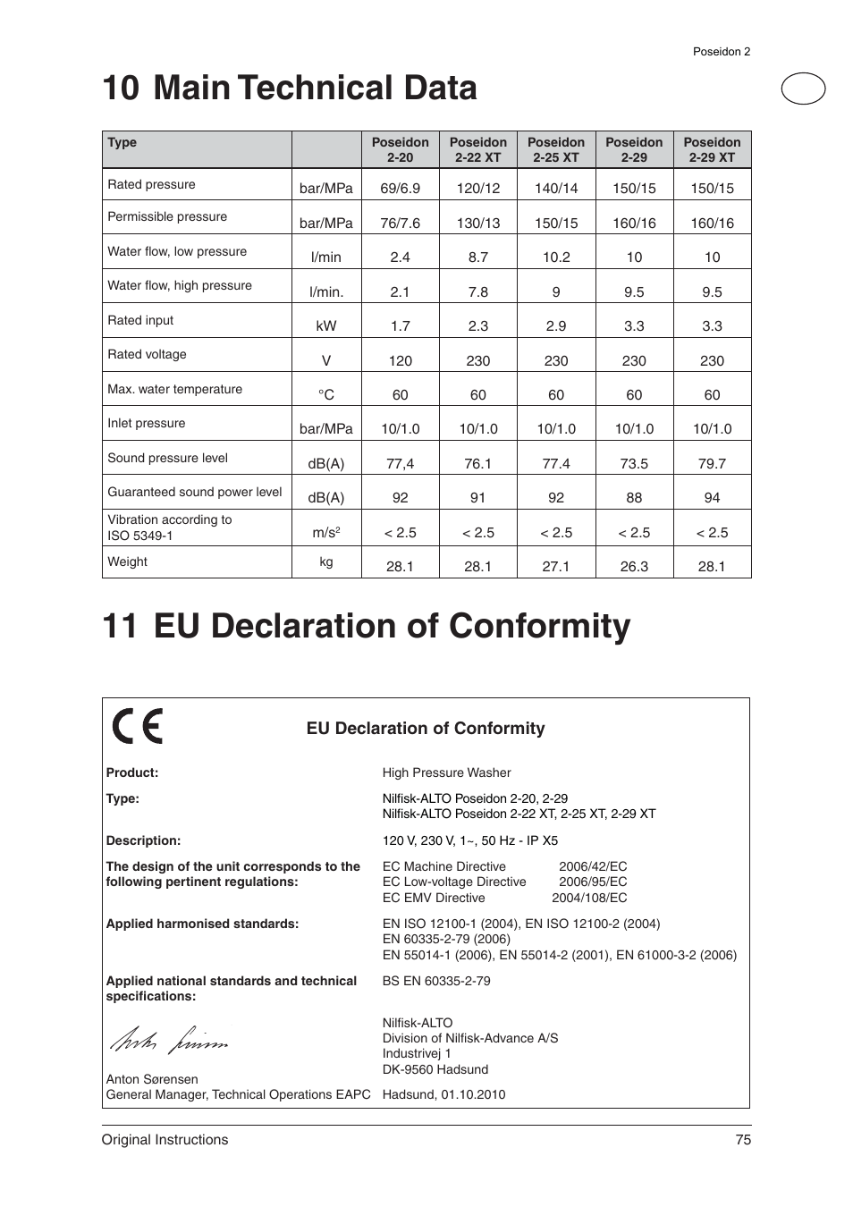 10 main technical data, 11 eu declaration of conformity | Nilfisk-ALTO 2 User Manual | Page 16 / 18