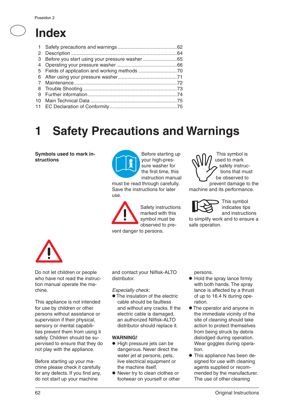 Index, 1 safety precautions and warnings | Nilfisk-ALTO 2 User Manual | Page 3 / 18