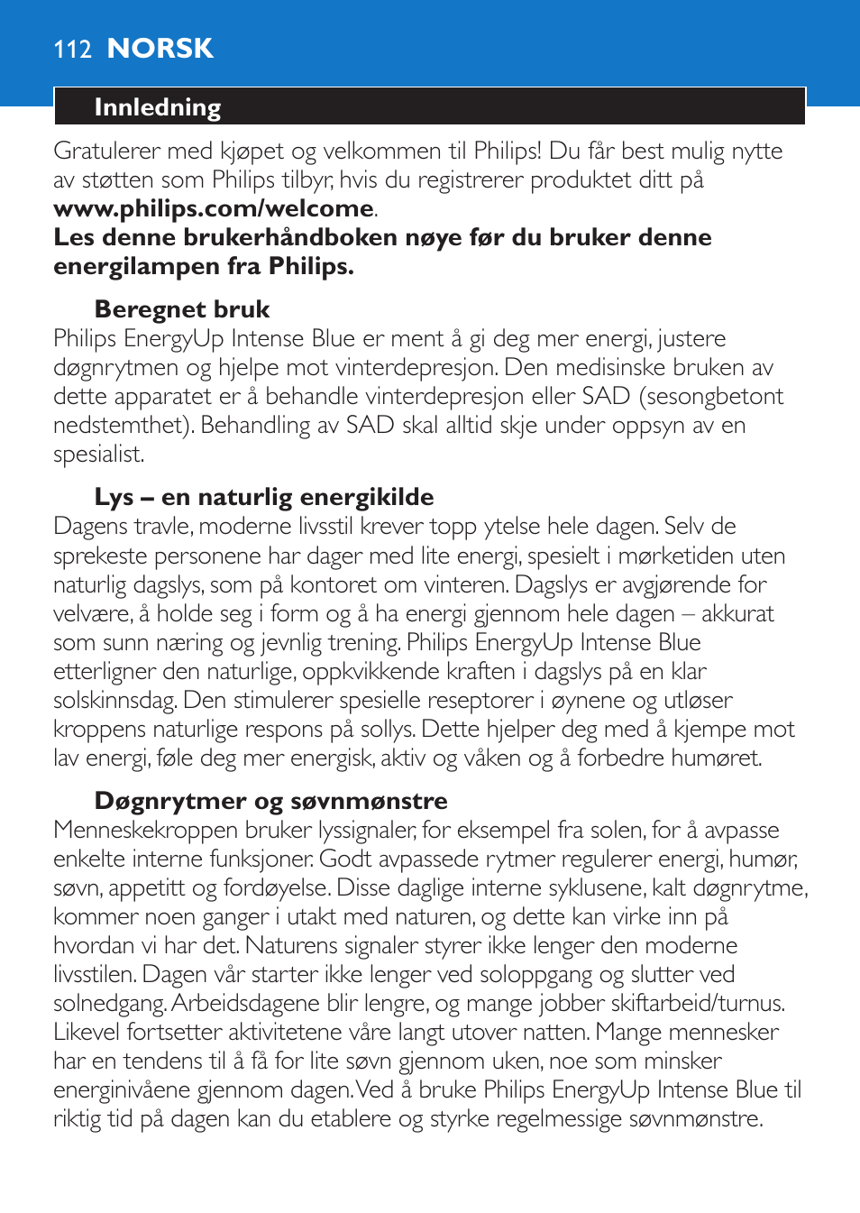 Norsk, Norsk 11 | Philips EnergyUp EnergyLight User Manual | Page 112 / 144