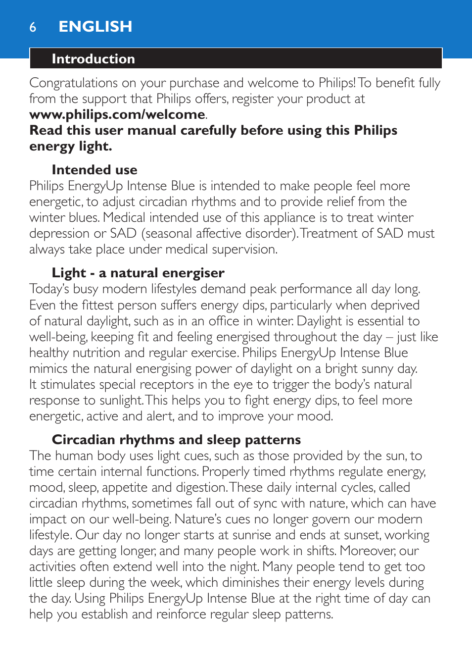 English, English 6 | Philips EnergyUp EnergyLight User Manual | Page 6 / 144