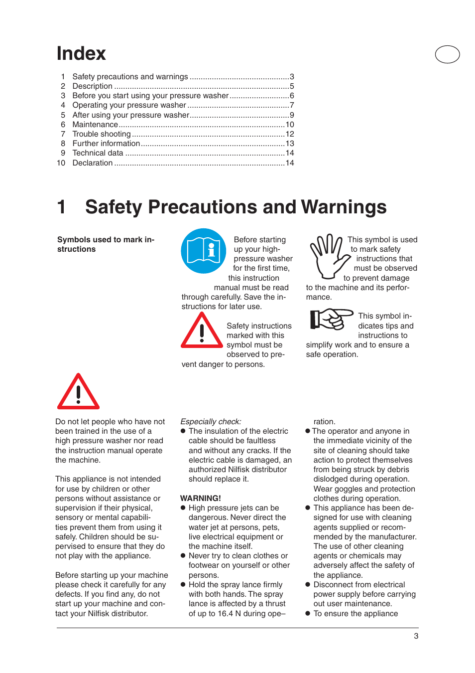 Index, 1 safety precautions and warnings | Nilfisk-ALTO C 105.5 User Manual | Page 3 / 17
