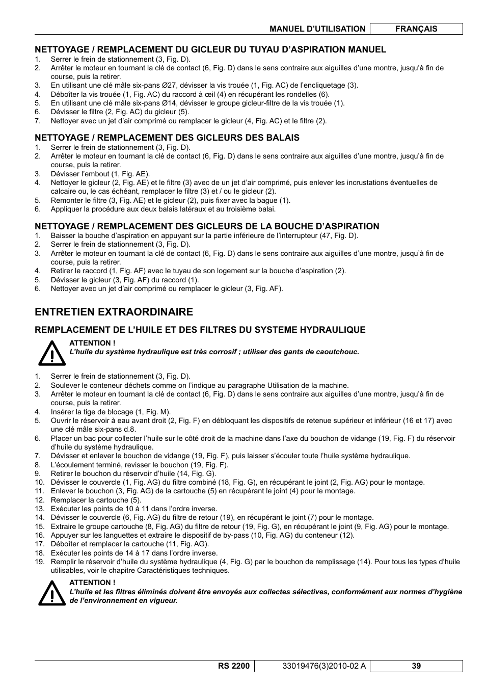 Entretien extraordinaire | Nilfisk-ALTO RS 2200 User Manual | Page 111 / 224
