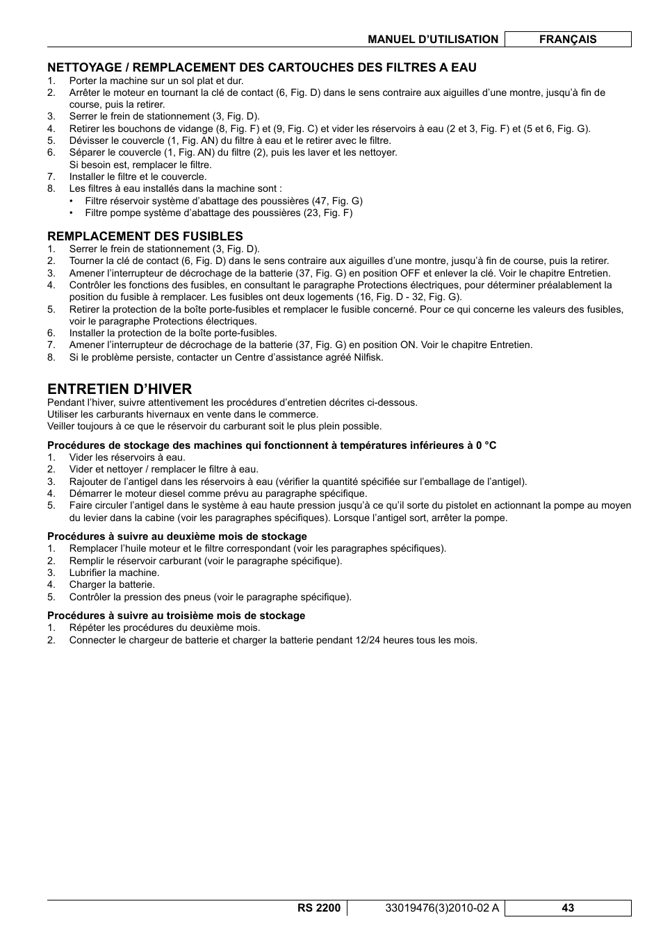 Entretien d’hiver | Nilfisk-ALTO RS 2200 User Manual | Page 115 / 224
