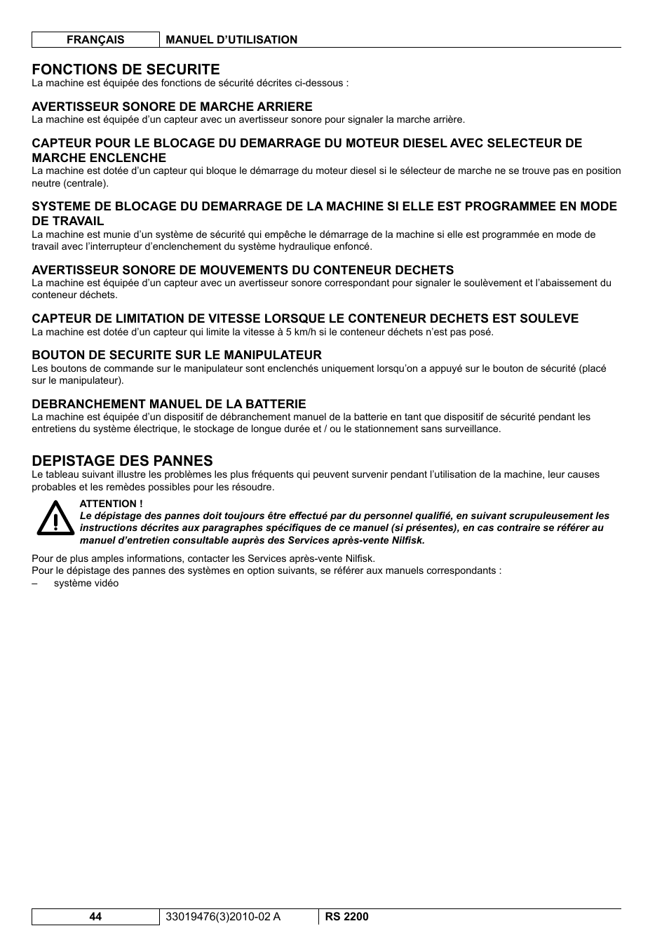 Fonctions de securite, Depistage des pannes | Nilfisk-ALTO RS 2200 User Manual | Page 116 / 224