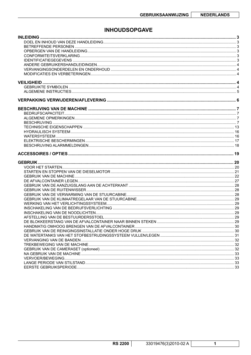 Inhoudsopgave | Nilfisk-ALTO RS 2200 User Manual | Page 173 / 224