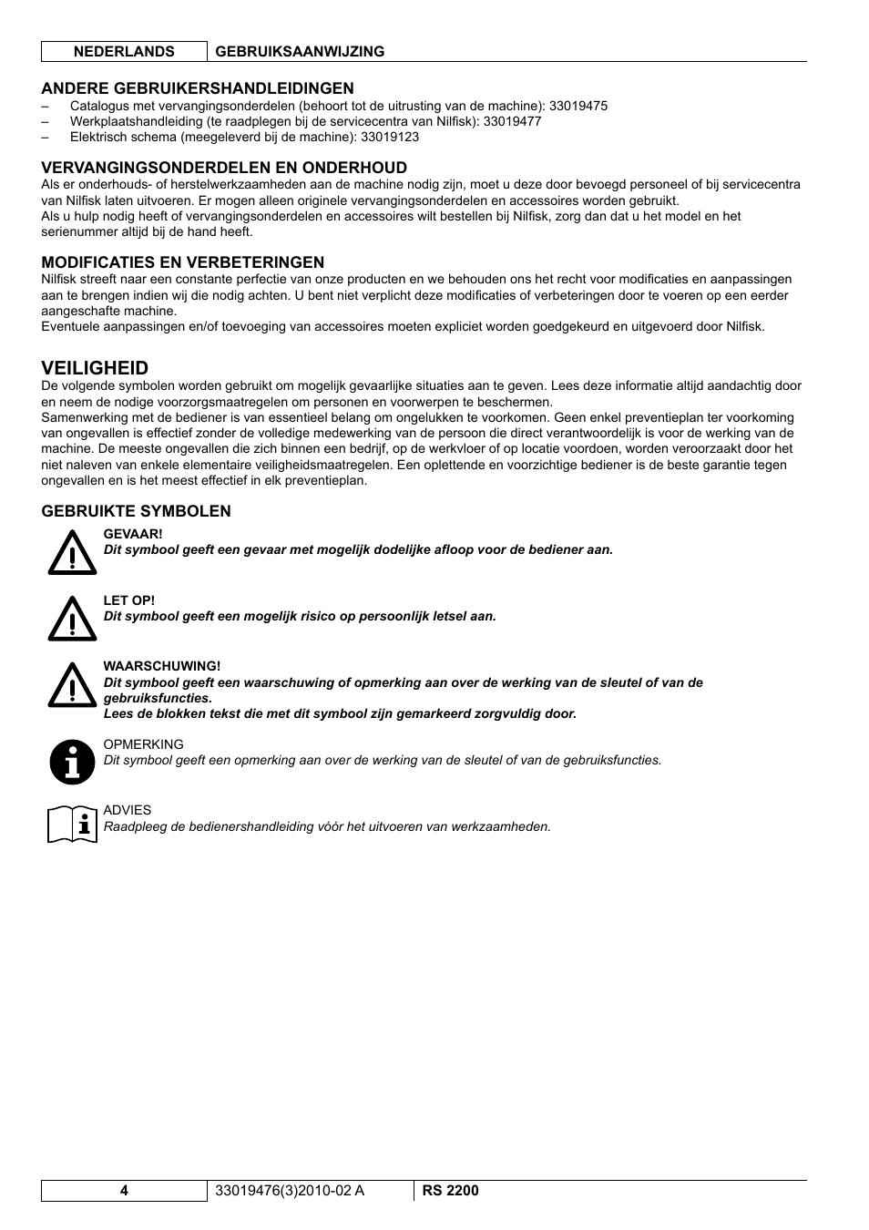 Veiligheid | Nilfisk-ALTO RS 2200 User Manual | Page 176 / 224