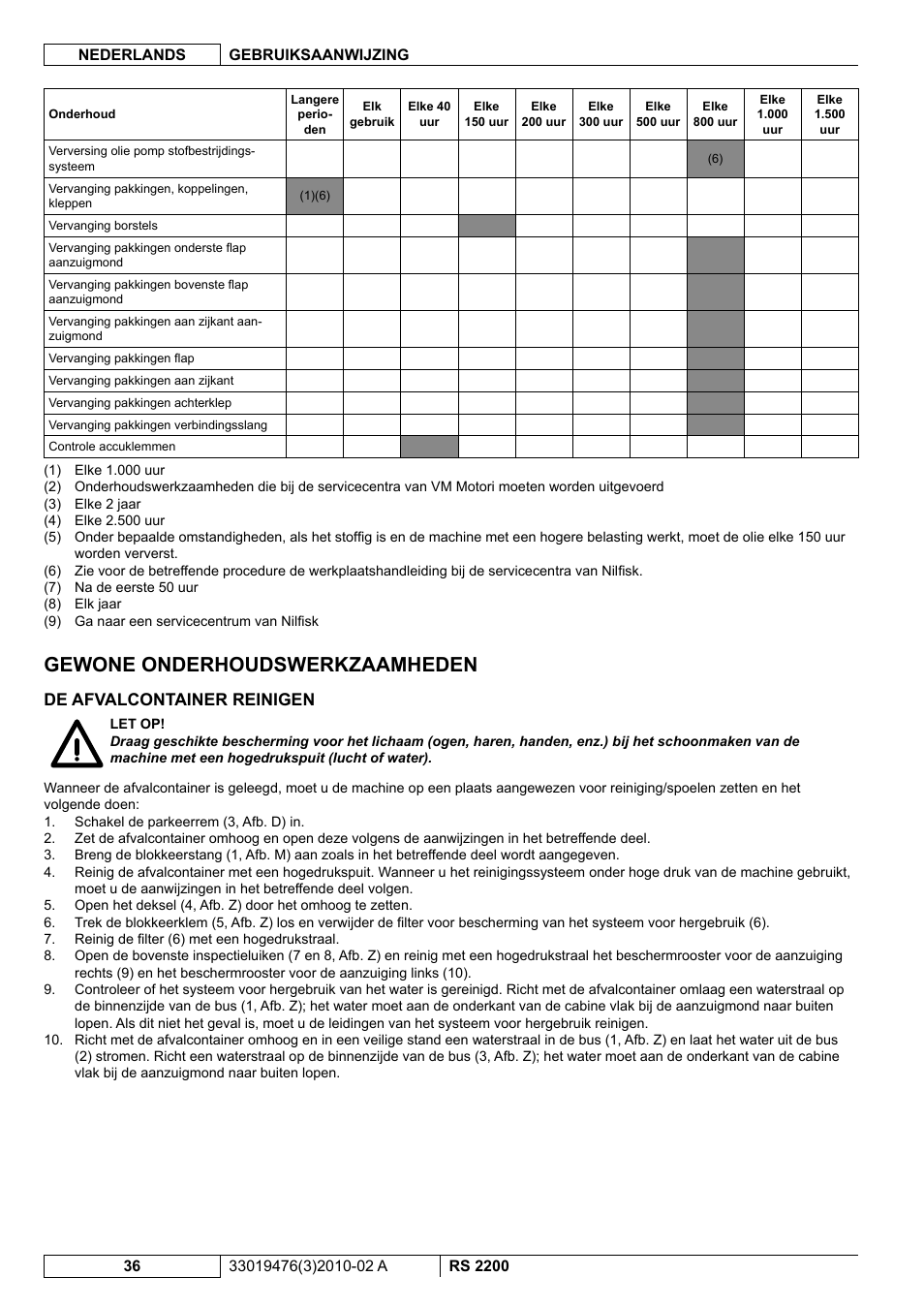 Gewone onderhoudswerkzaamheden, De afvalcontainer reinigen | Nilfisk-ALTO RS 2200 User Manual | Page 208 / 224