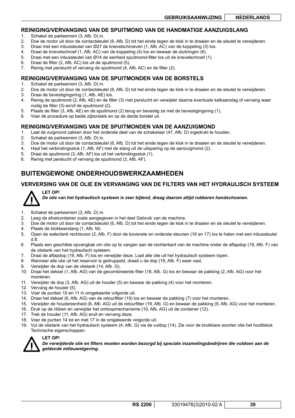 Buitengewone onderhoudswerkzaamheden | Nilfisk-ALTO RS 2200 User Manual | Page 211 / 224
