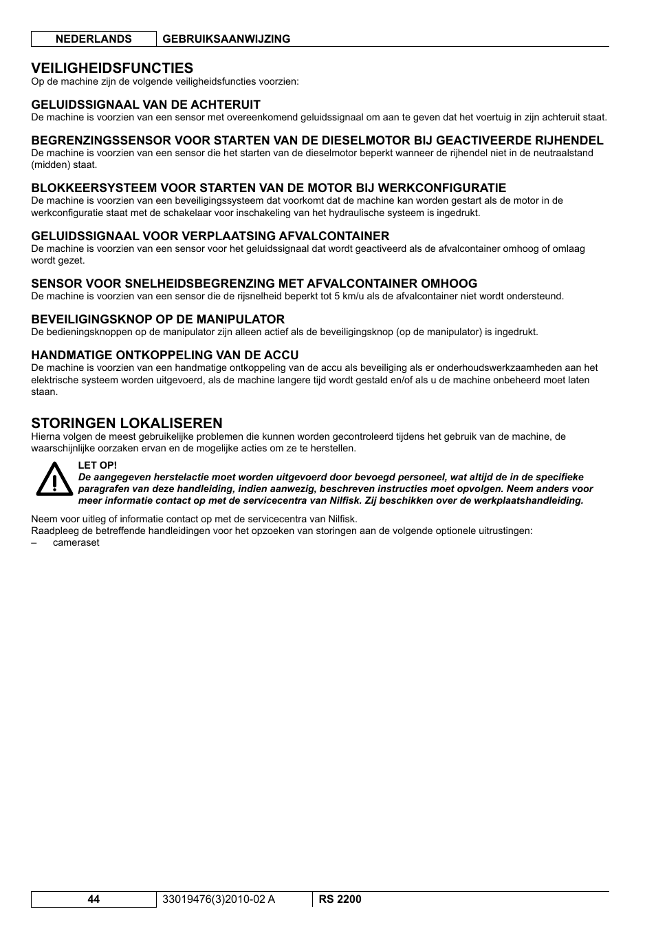 Veiligheidsfuncties, Storingen lokaliseren | Nilfisk-ALTO RS 2200 User Manual | Page 216 / 224