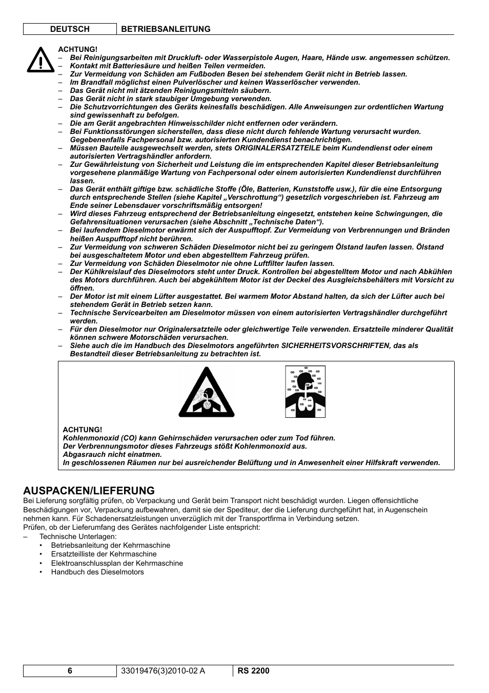 Auspacken/lieferung | Nilfisk-ALTO RS 2200 User Manual | Page 28 / 224