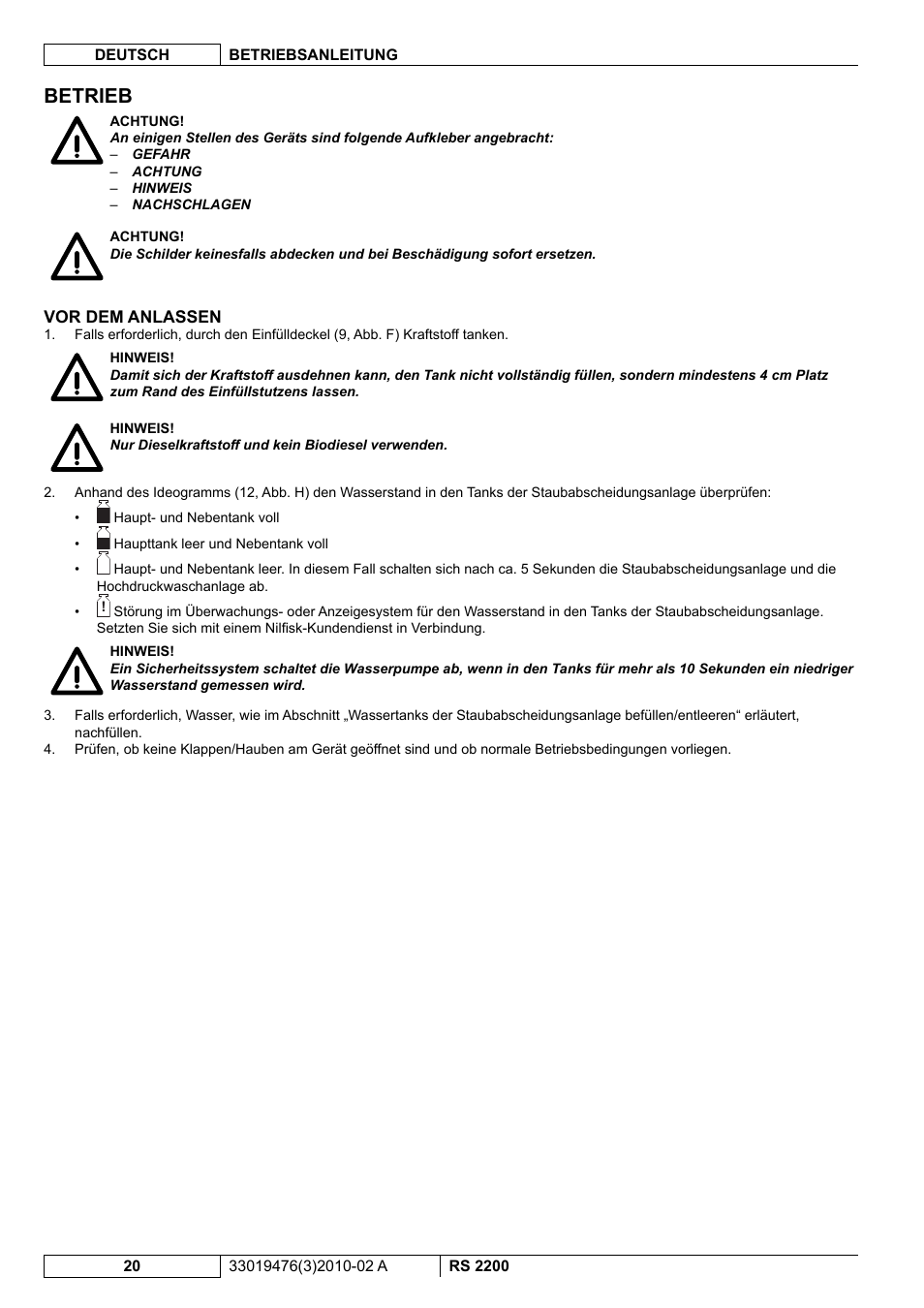 Betrieb | Nilfisk-ALTO RS 2200 User Manual | Page 42 / 224