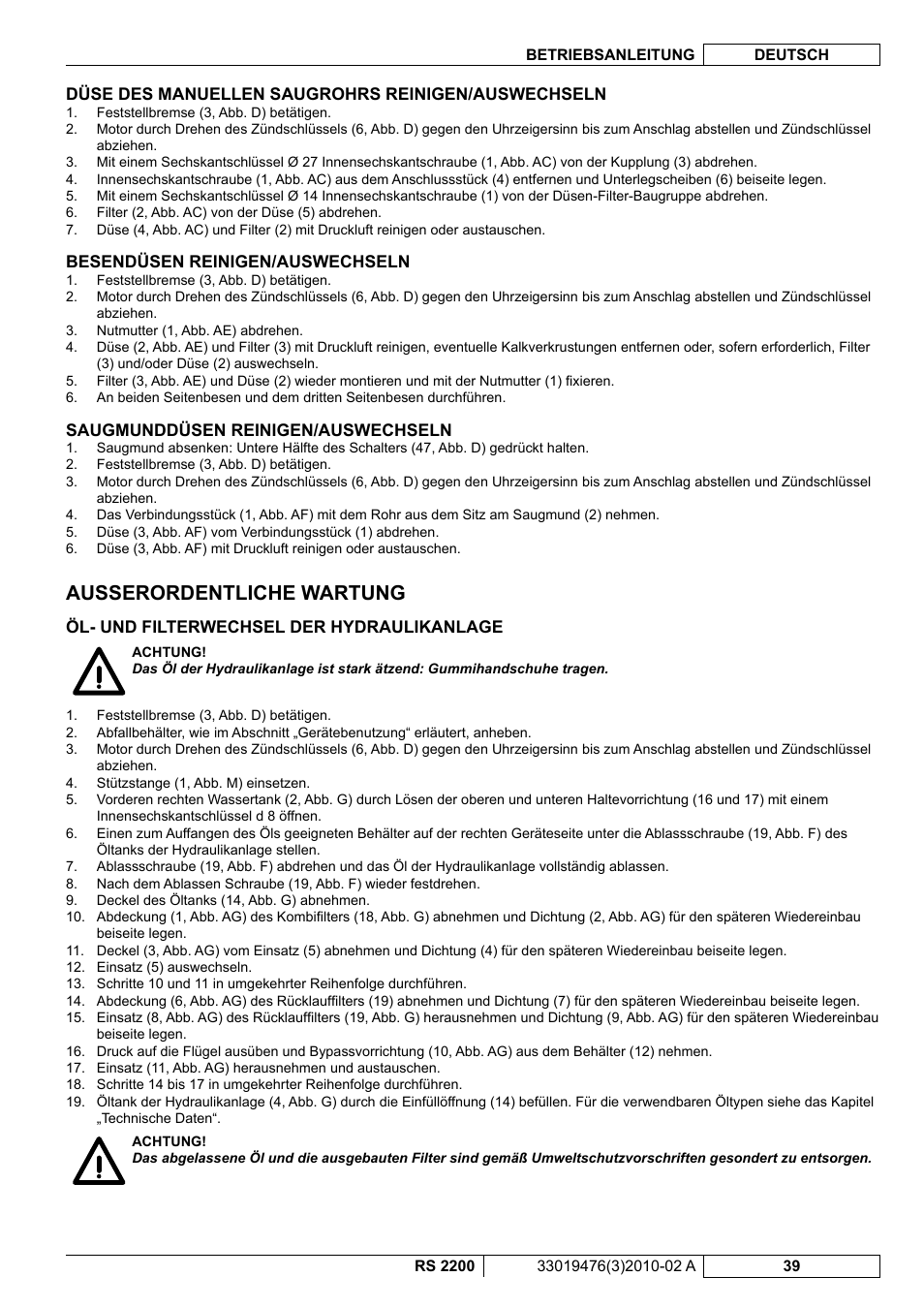 Ausserordentliche wartung | Nilfisk-ALTO RS 2200 User Manual | Page 61 / 224