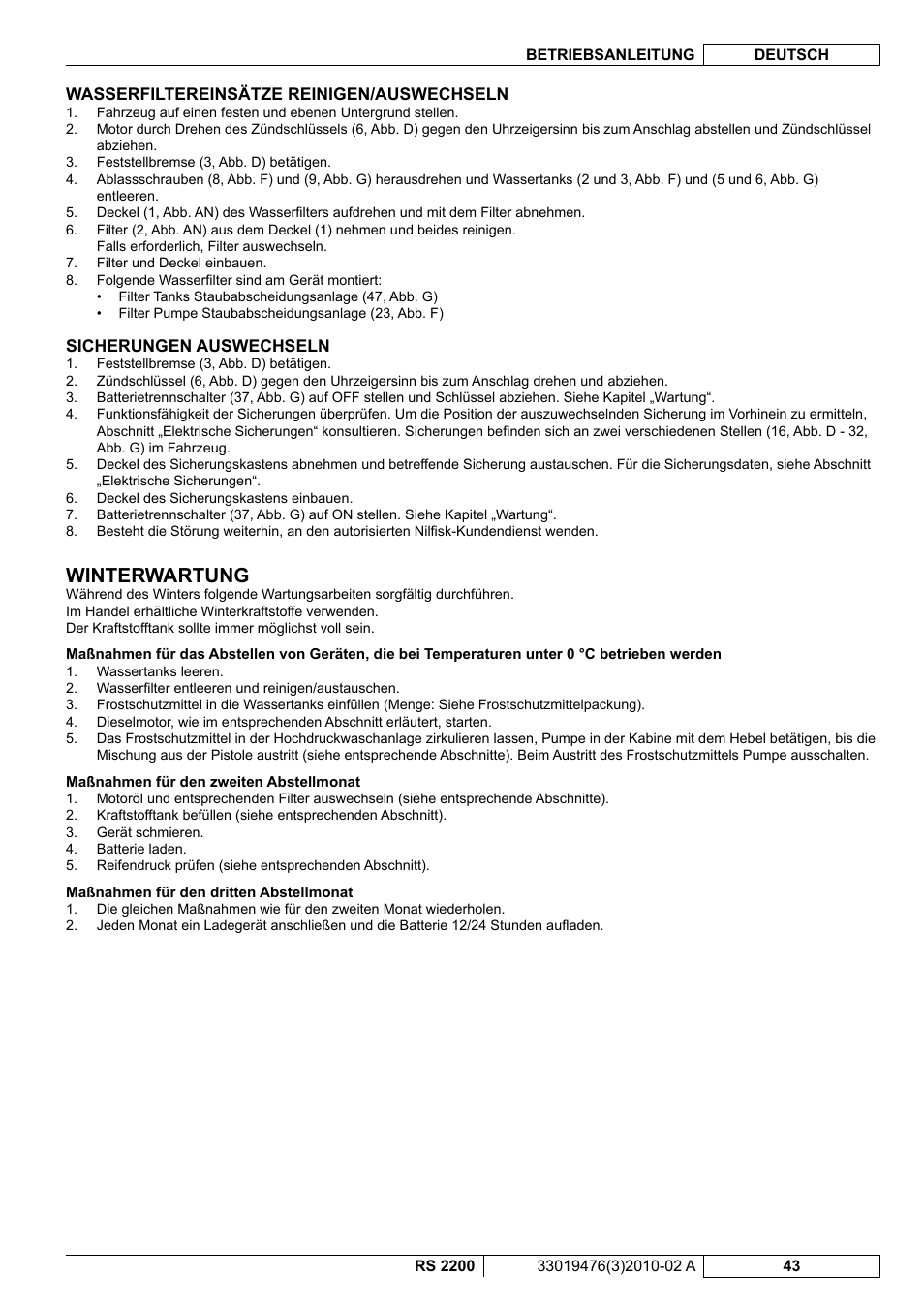 Winterwartung | Nilfisk-ALTO RS 2200 User Manual | Page 65 / 224