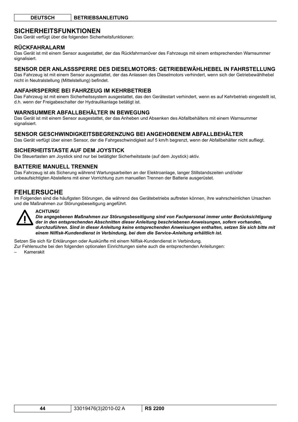 Sicherheitsfunktionen, Fehlersuche | Nilfisk-ALTO RS 2200 User Manual | Page 66 / 224