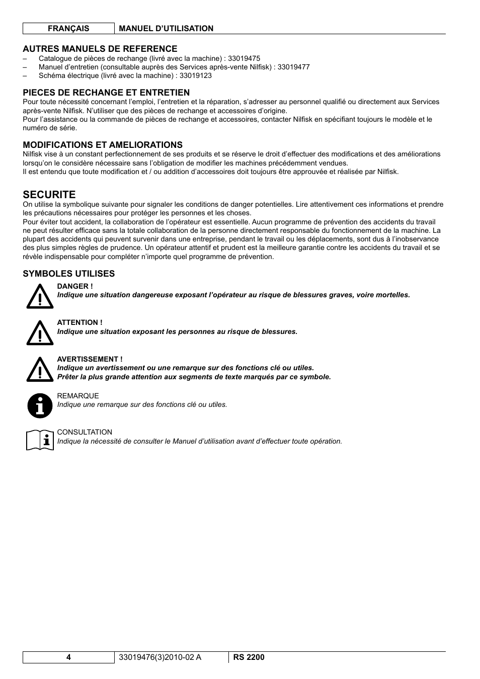 Securite | Nilfisk-ALTO RS 2200 User Manual | Page 76 / 224