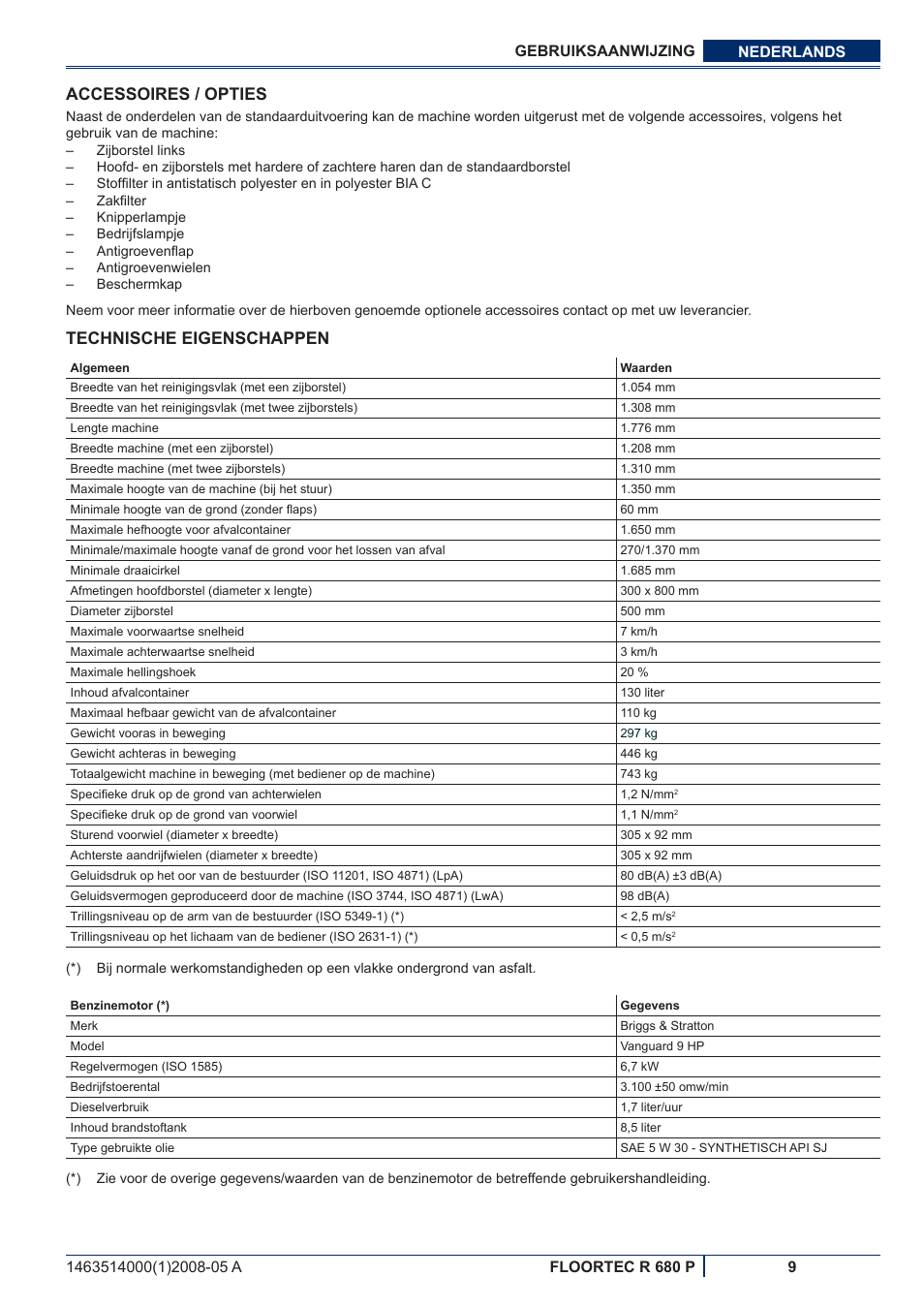 Accessoires / opties, Technische eigenschappen | Nilfisk-ALTO R 680 P User Manual | Page 107 / 132