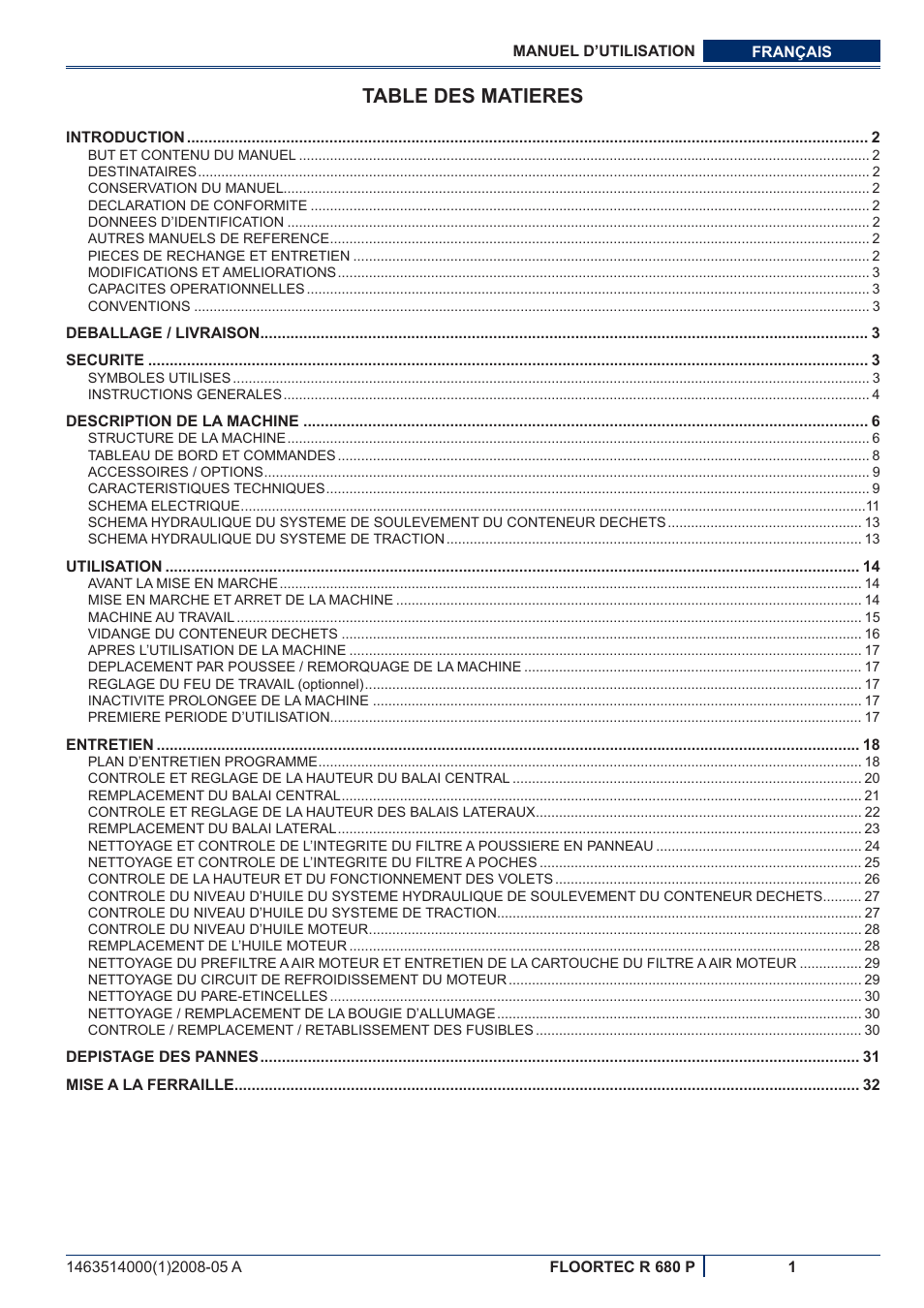 Table des matieres | Nilfisk-ALTO R 680 P User Manual | Page 35 / 132