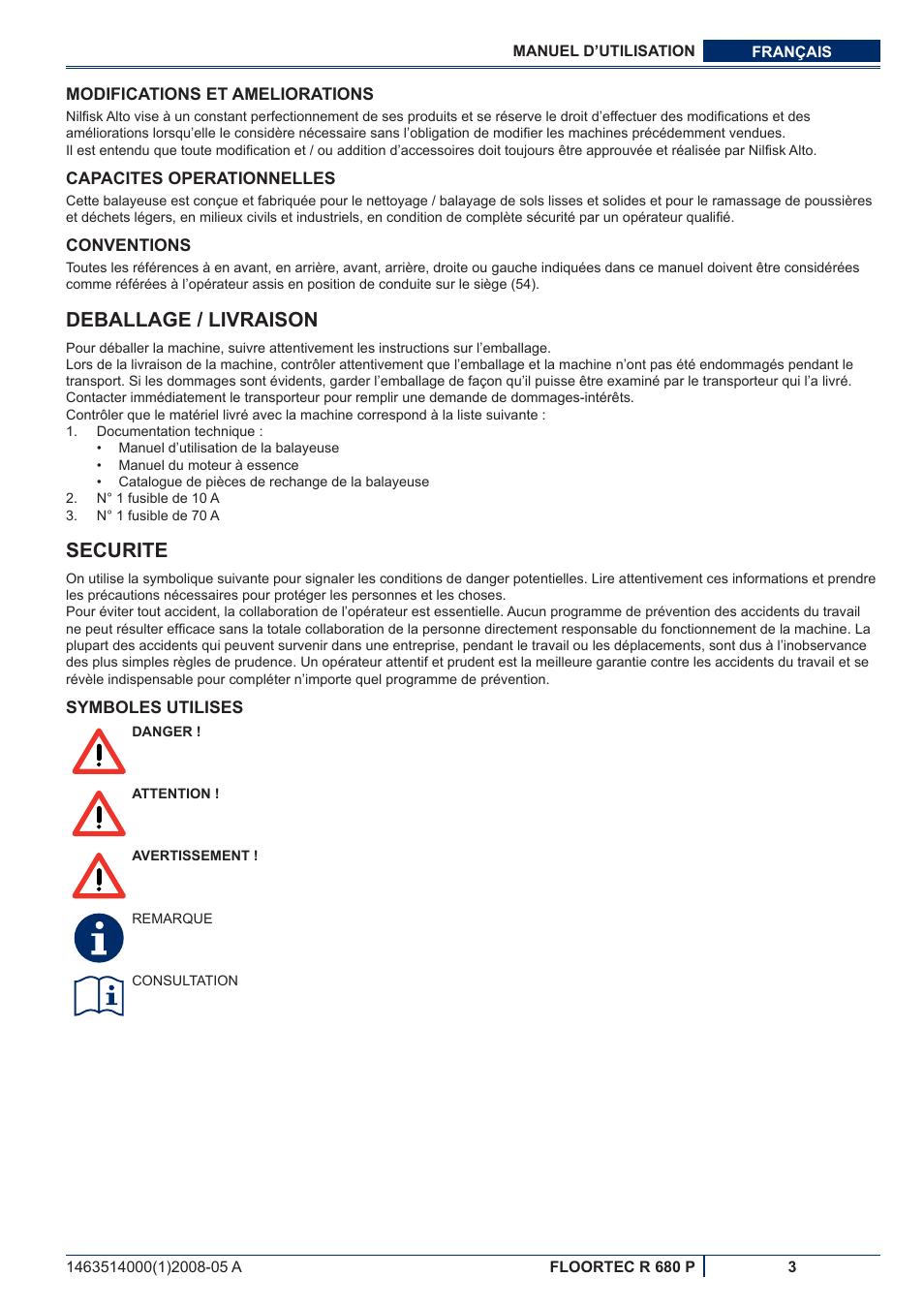 Deballage / livraison, Securite | Nilfisk-ALTO R 680 P User Manual | Page 37 / 132