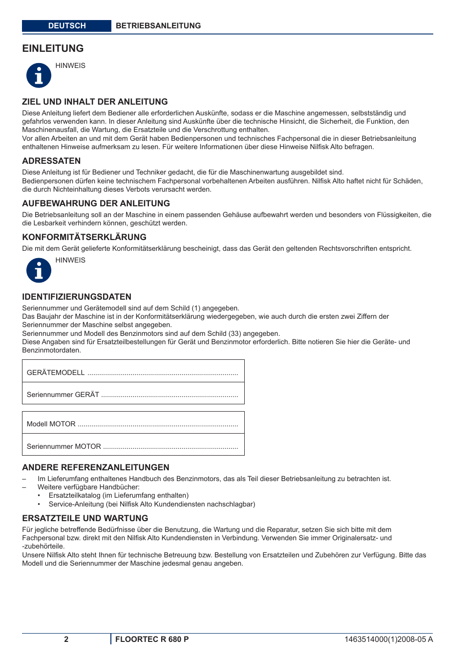 Einleitung | Nilfisk-ALTO R 680 P User Manual | Page 4 / 132