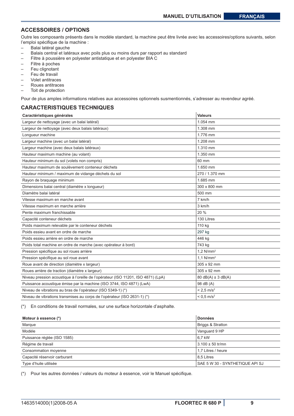 Accessoires / options, Caracteristiques techniques | Nilfisk-ALTO R 680 P User Manual | Page 43 / 132