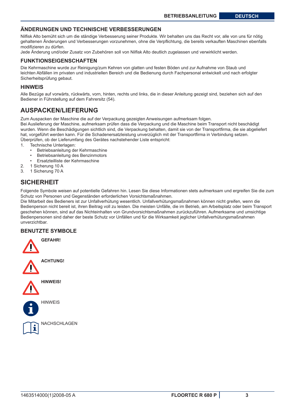 Auspacken/lieferung, Sicherheit | Nilfisk-ALTO R 680 P User Manual | Page 5 / 132